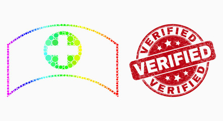 Pixelated rainbow gradiented medical cap mosaic icon and Verified seal stamp. Red vector rounded distress stamp with Verified phrase. Vector collage in flat style.