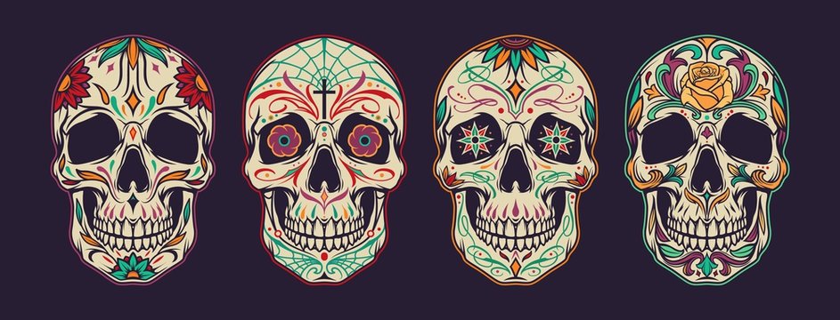Vintage colorful mexican sugar skulls collection