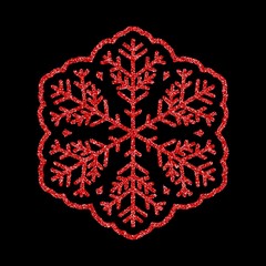 Shining red snowflakes and snow. Merry Christmas card illustration on black background. Sparkling element with glitter texture