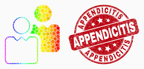 Pixelated rainbow gradiented users mosaic icon and Appendicitis stamp. Red vector round distress seal stamp with Appendicitis text. Vector combination in flat style.