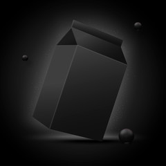 Vector 3d realistic luxury black milk box, isolated on dark background. Mock-up for product package branding.