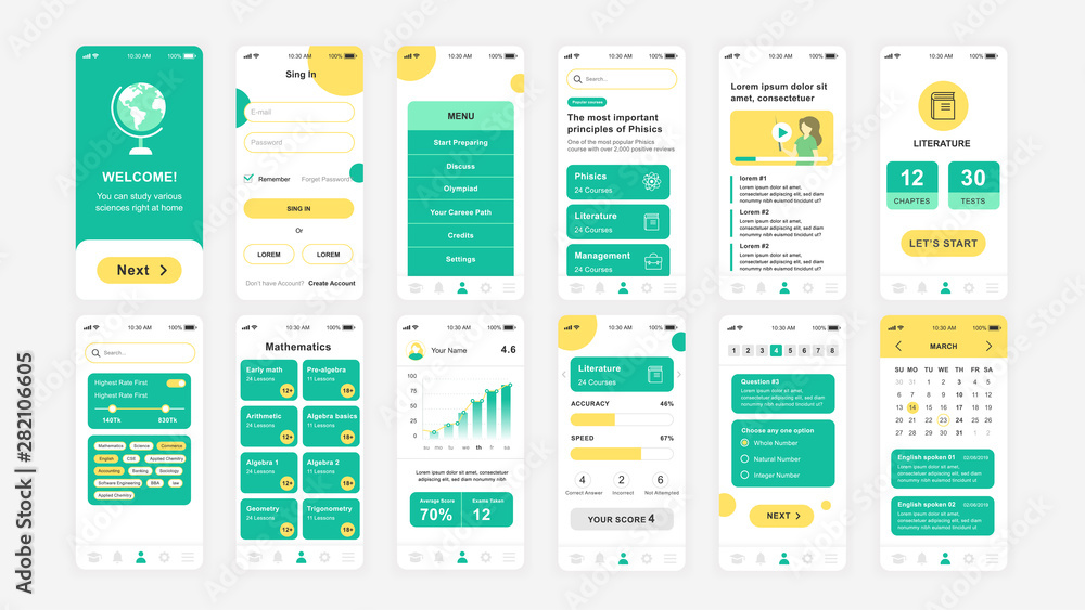 Poster set of ui, ux, gui screens education app flat design template for mobile apps, responsive website wi