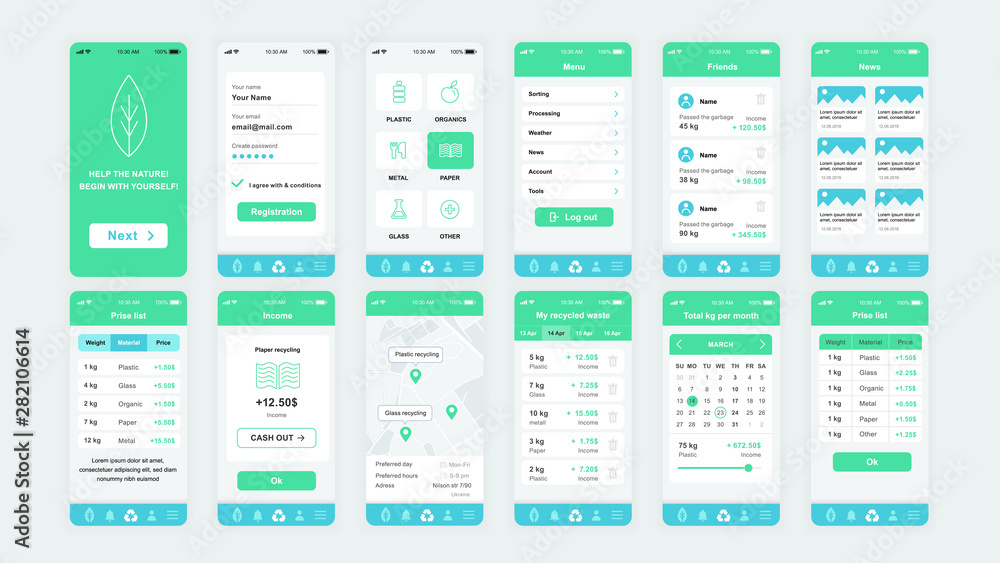 Poster set of ui, ux, gui screens ecology app flat design template for mobile apps, responsive website wire