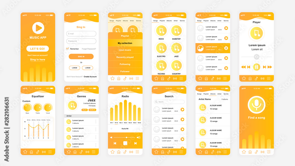 Poster set of ui, ux, gui screens music app flat design template for mobile apps, responsive website wirefr