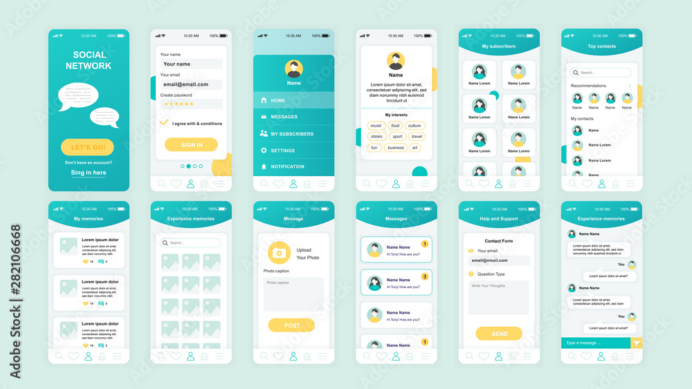 Poster set of ui, ux, gui screens social network app flat design template for mobile apps, responsive websi