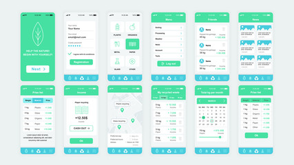 Set of UI, UX, GUI screens Ecology app flat design template for mobile apps, responsive website wireframes. Web design UI kit. Ecology Dashboard.