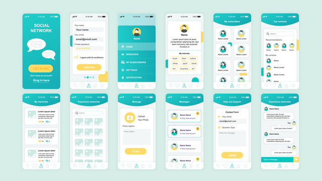 Set of UI, UX, GUI screens Social Network app flat design template for mobile apps, responsive website wireframes. Web design UI kit. Social Network Dashboard.