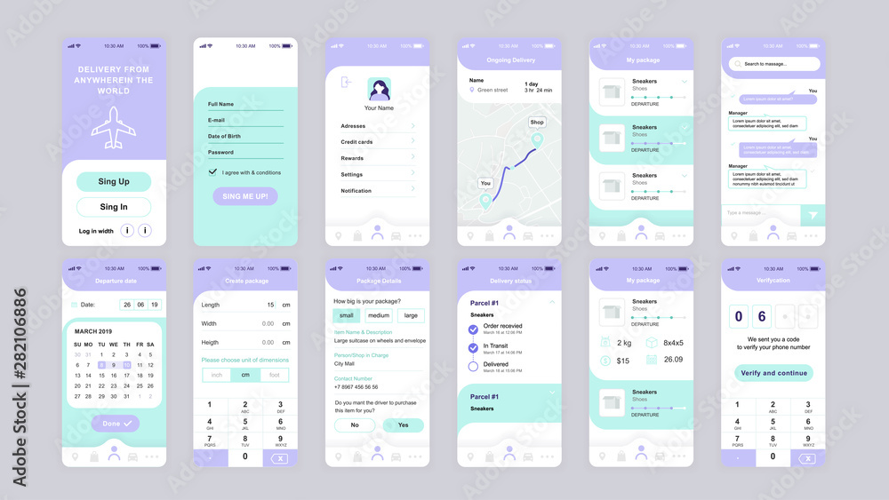 Poster set of ui, ux, gui screens delivery app flat design template for mobile apps, responsive website wir
