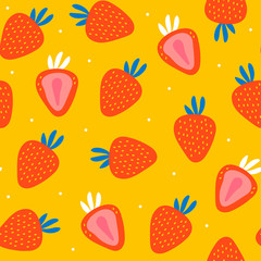 Juicy strawberries. Hand drawn vector seamless pattern. Colored trendy illustration. Flat design. Cartoon style. Yellow background