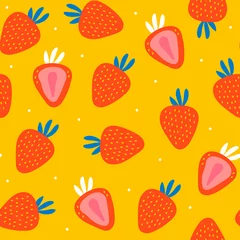 Schilderijen op glas Juicy strawberries. Hand drawn vector seamless pattern. Colored trendy illustration. Flat design. Cartoon style. Yellow background © Dariia