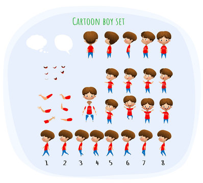 Cute young male boy character set for animation with various views