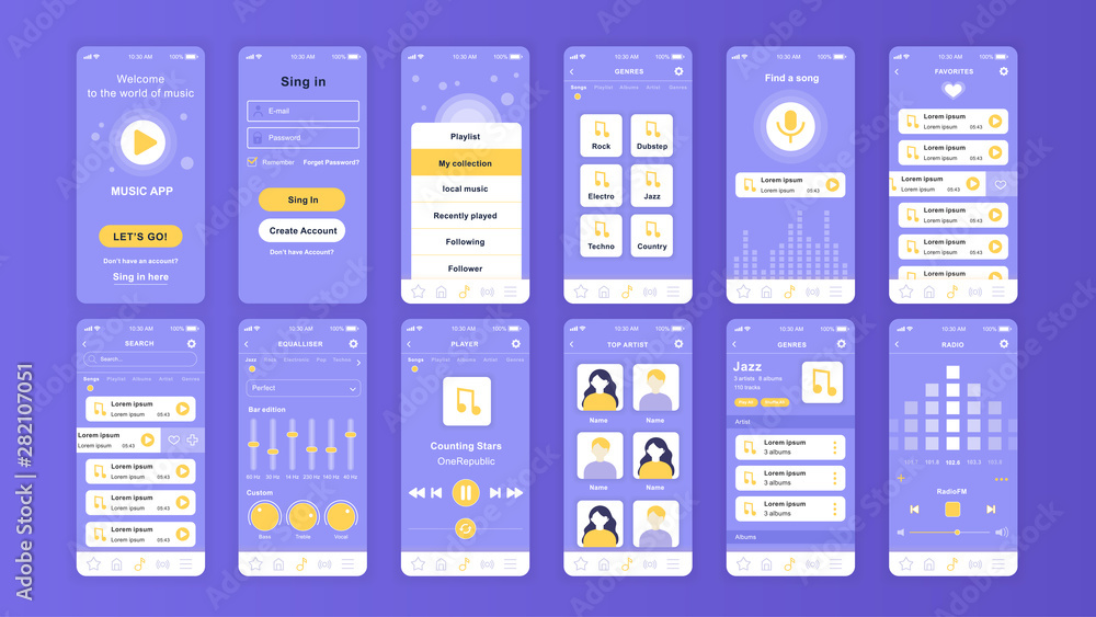 Aufkleber set of ui, ux, gui screens music app flat design template for mobile apps, responsive website wirefr