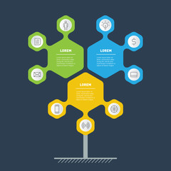 Business presentation concept with 3 options. Brochure design template. Template of tree, info chart or diagram. Vector infographic of technology or education process with three steps.