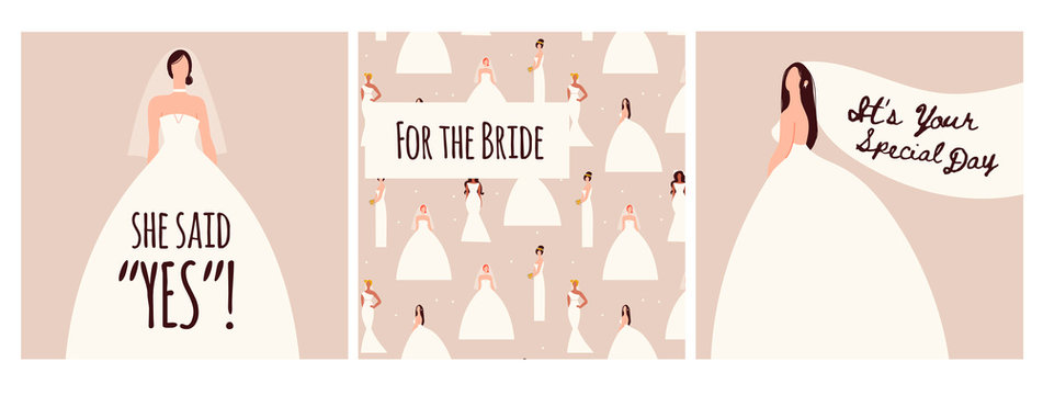Brides in trendy wedding dresses standing in various poses. Fashion look.  Female faceless characters. Hand drawn colored vector set of three wedding illustrations. Flat design