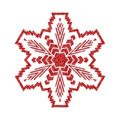 Shining red snowflakes and snow. Merry Christmas card illustration on white background. Sparkling element with glitter texture