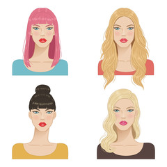 Beautiful young women with fashion trendy hairstyles. Fashion models with beautiful hair, vector illustration.