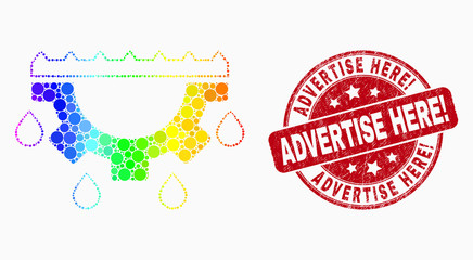 Pixelated spectral water gear drops mosaic pictogram and Advertise Here! seal. Red vector rounded grunge seal stamp with Advertise Here! phrase. Vector composition in flat style.