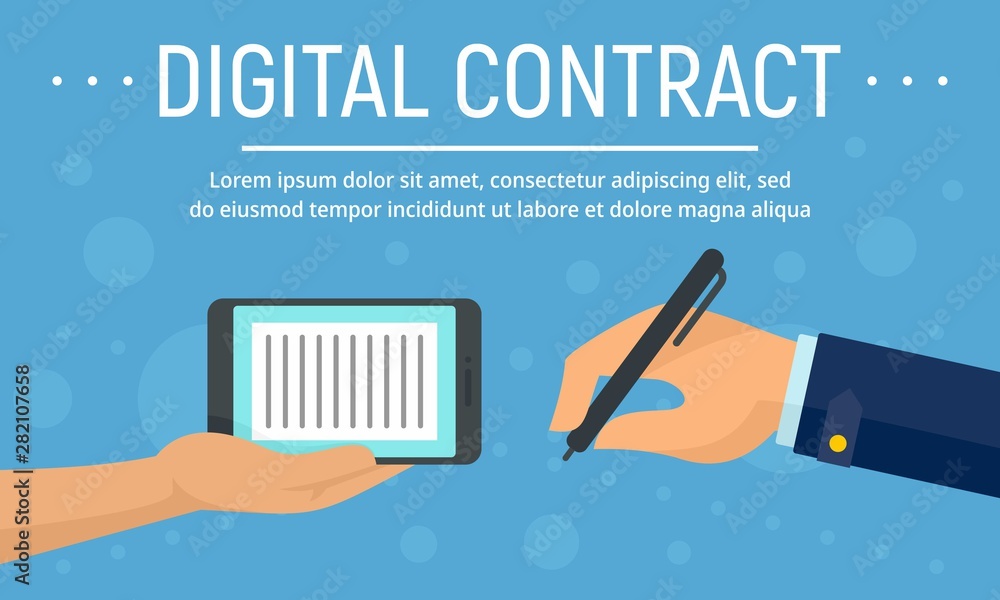 Poster digital contract device concept banner. flat illustration of digital contract device vector concept 
