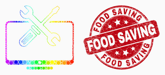 Pixelated spectrum desktop tools mosaic icon and Food Saving seal. Red vector rounded distress watermark with Food Saving phrase. Vector combination in flat style.