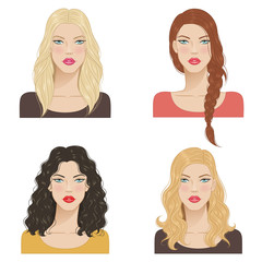 Beautiful young women with fashion trendy hairstyles. Fashion models with beautiful hair, vector illustration.