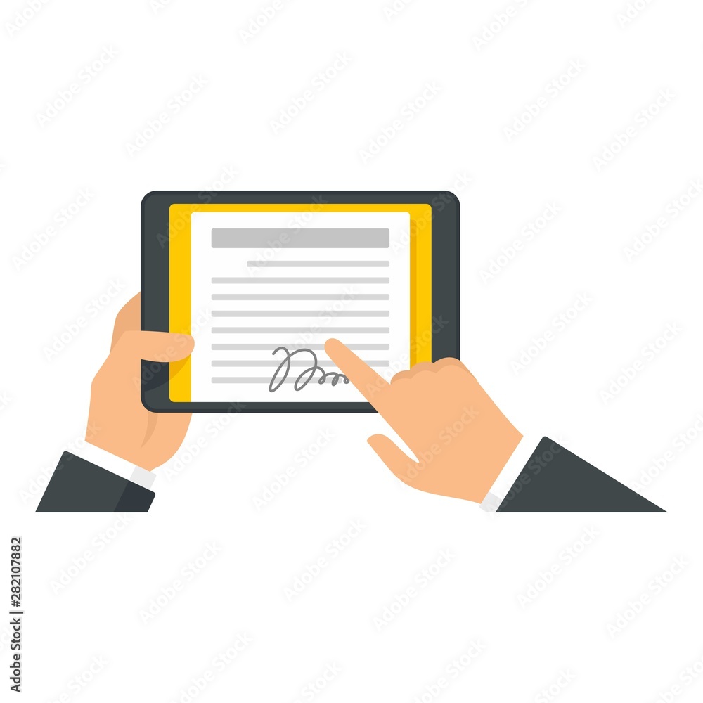 Poster man tablet signature icon. flat illustration of man tablet signature vector icon for web design