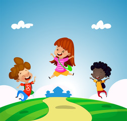 Obraz na płótnie Canvas Children having fun on playground near the school.