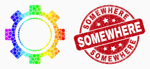 Pixelated spectrum gear mosaic icon and Somewhere seal. Red vector rounded distress stamp with Somewhere phrase. Vector combination in flat style.
