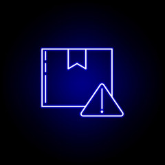 warning parcel line icon in blue neon style. Set of logistics illustration icons. Signs, symbols can be used for web, logo, mobile app, UI, UX