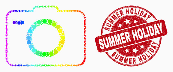 Pixelated spectrum photo camera mosaic pictogram and Summer Holiday seal. Red vector round textured seal stamp with Summer Holiday caption. Vector collage in flat style.