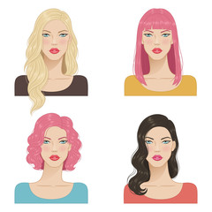 Beautiful young women with fashion trendy hairstyles. Fashion models with beautiful hair, vector illustration.