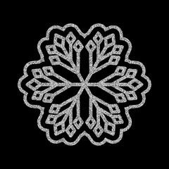 Shining silver snowflakes and snow. Merry Christmas card illustration on black background. Sparkling element with glitter texture