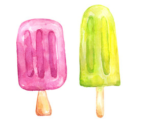 Watercolor set of pink and green ice cream on stick. Fruit ice cream isolated on white background. Hand painted sweet summer dessert illustration