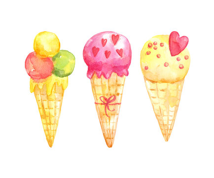 Watercolor set of ice cream in waffle cone with confetti. Fruit ice cream isolated on white background. Hand painted sweet summer dessert illustration