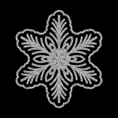 Shining silver snowflakes and snow. Merry Christmas card illustration on black background. Sparkling element with glitter texture