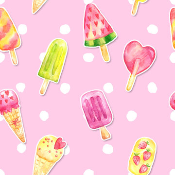 Seamless pattern with watercolor sticker ice cream on stick and in waffle cone. Fruit ice cream isolated on pink polka dot background. Hand painted sweet summer dessert illustration