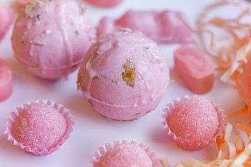 Close up view of handmade bath bomb, bubble bars and body scrub