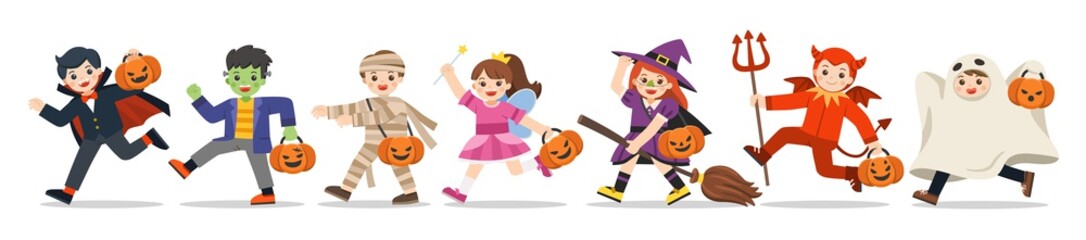 Set of Children dressed in Halloween fancy dress to go Trick or Treating. Happy Halloween.
