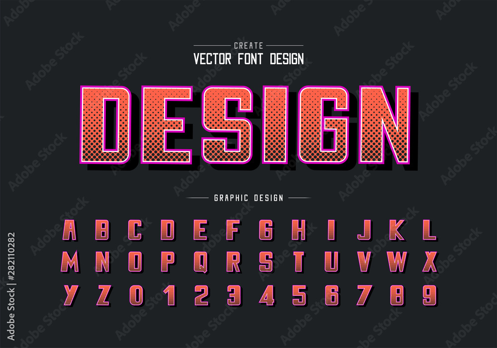 Poster halftone hexagon font and bold alphabet vector, digital typeface and number design, graphic text on 