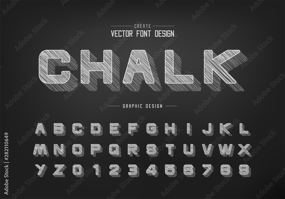 Aufkleber chalk shadow round font and alphabet vector, pencil sketch design typeface letter and number