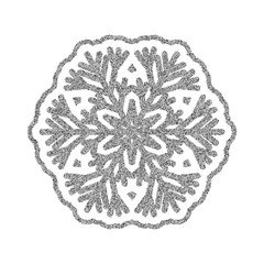 Shining silver snowflakes and snow. Merry Christmas card illustration on white background. Sparkling element with glitter texture