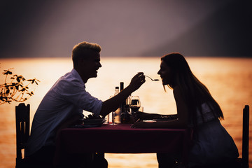 Couple sharing romantic sunset dinner on the beach