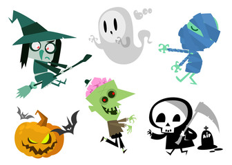 Cartoon set of Halloween symbols and characters. Vector illustration