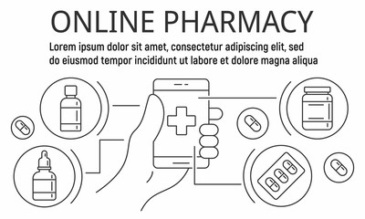 Online pharmacy city banner. Outline illustration of online pharmacy city vector banner for web design