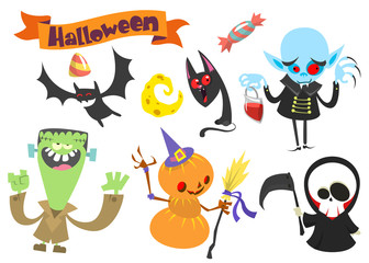 Cartoon set of Halloween symbols and characters. Vector illustration