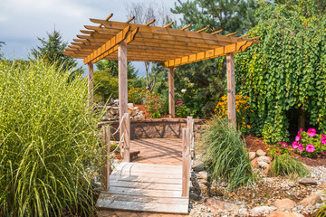 Landscape architecture with pergola and water features for summer garden
