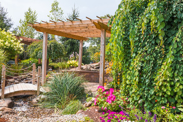 Landscape architecture with pergola and water features for summer garden