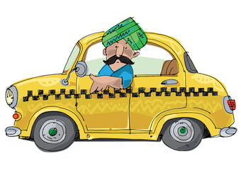 Indian taxi driver in turban sitting in taxi car. Caricature. Cartoon.