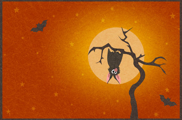 Plakat Cute grey bat hanging on a dry tree on background of full moon.