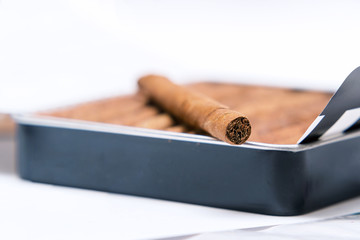 Box of cigarillos on white background. On the box is one cigarillo