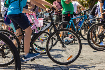 Many bicycle wheels during the road tour.